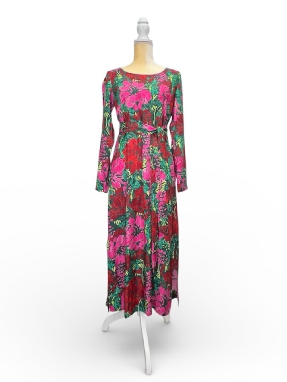 Vineyard Vines Silk Dress Size Small Long Sleeve Maxi Floral Red Pink New NWT
